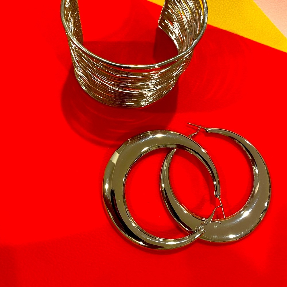 Elegant Silver Hoop Earrings and Cuff Bracelet Set